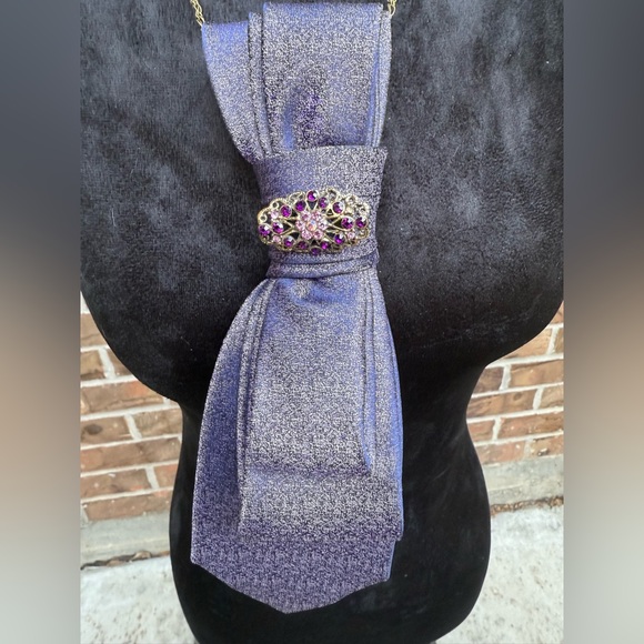 Handmade Accessories - Elegant Purple Necktie with Antique Brooch-Embellished on Chain Necklace